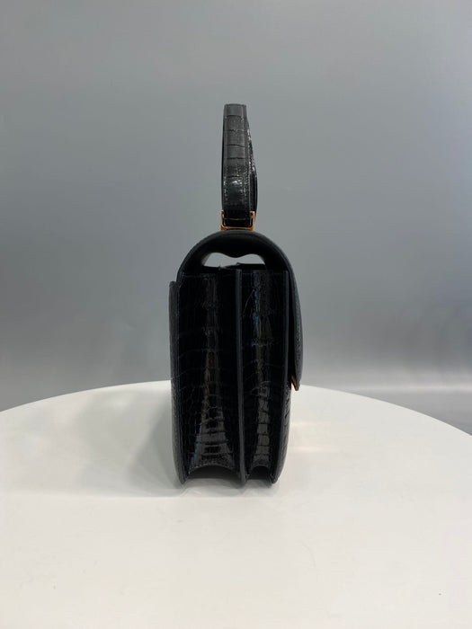 Hermes Constance 24 in Black Shiny Croc Ghw