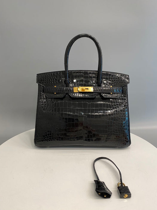Hermes Birkin 30 in Black Shiny Porosus Ghw