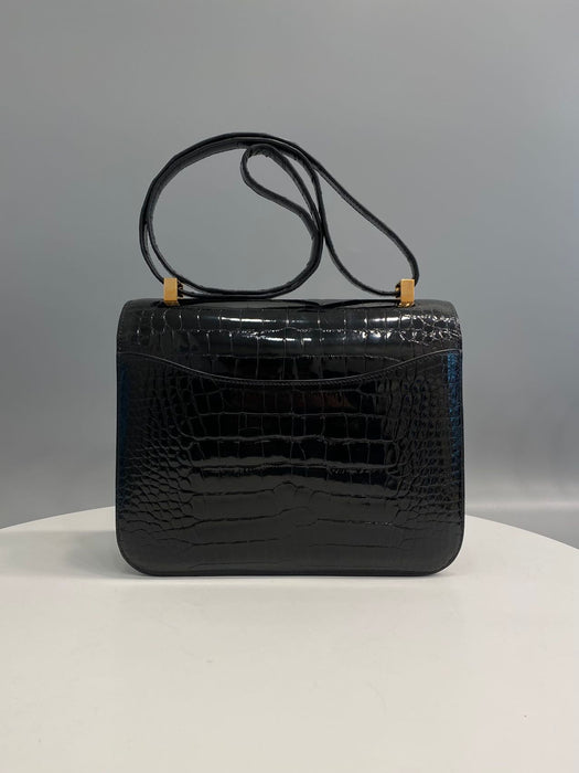 Hermes Constance 24 in Black Shiny Croc Ghw