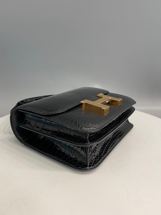 Hermes Constance 24 in Black Shiny Croc Ghw