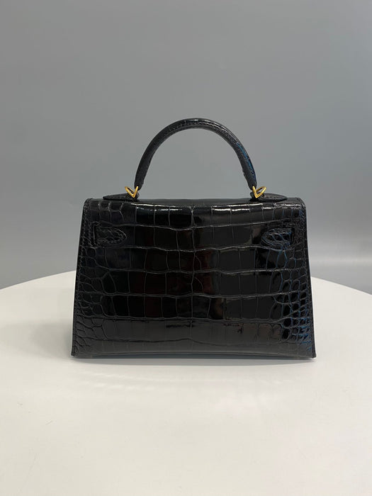 Hermes Kelly 20 in Black Shiny Alligator Ghw
