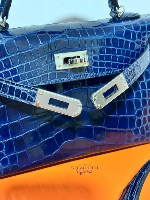 Hermes Kelly 20 in Bleu Sapphire Shiny Alligator Phw C