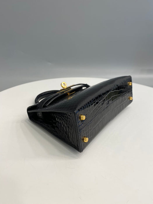 Hermes Kelly 20 in Black Shiny Alligator Ghw