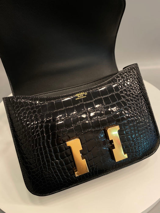 Hermes Constance 24 in Black Shiny Croc Ghw