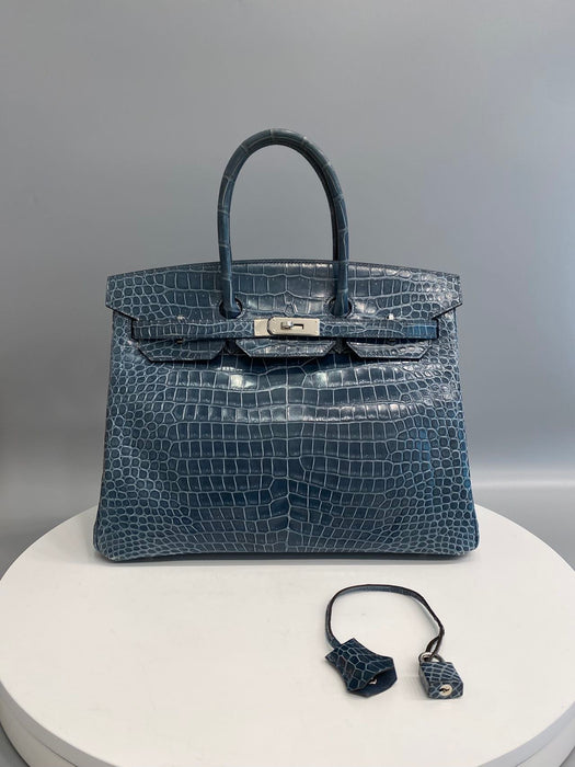 Hermes Birkin 35 in Blue Tempete Shiny Porosus Phw