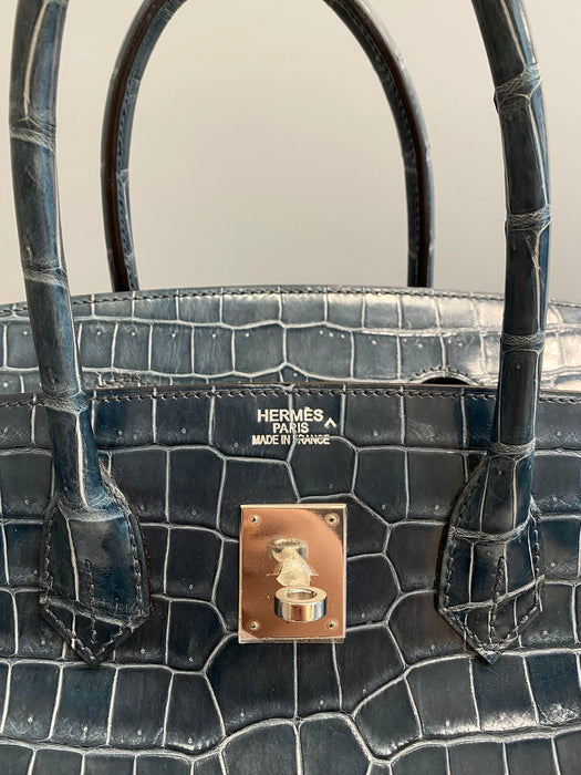 Hermes Birkin 35 in Blue Tempete Shiny Porosus Phw