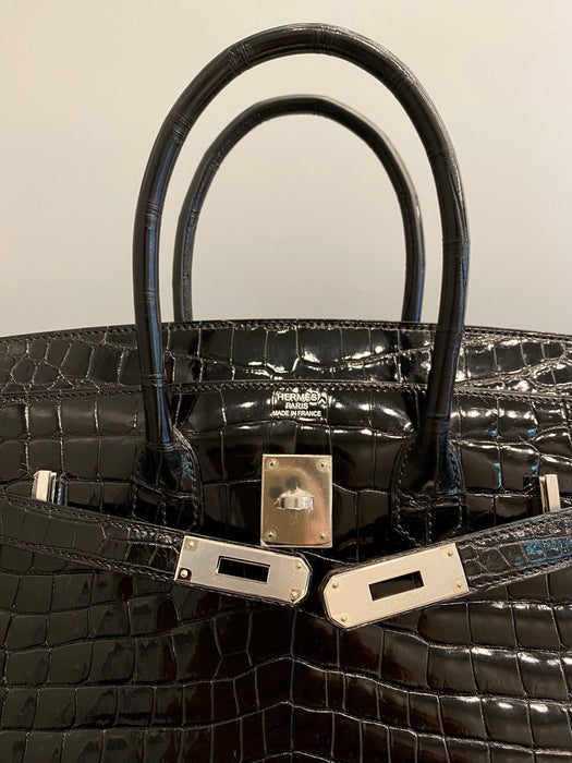 Hermes Birkin 35 in Black Shiny Porosus Phw