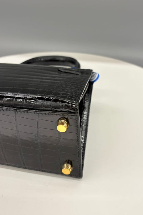 Hermes Kelly 20 Vintage in Black Shiny Porosus Ghw