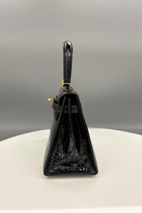 Hermes Kelly 20 Vintage in Black Shiny Porosus Ghw