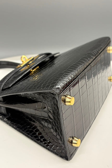 Hermes Kelly 20 Vintage in Black Shiny Porosus Ghw