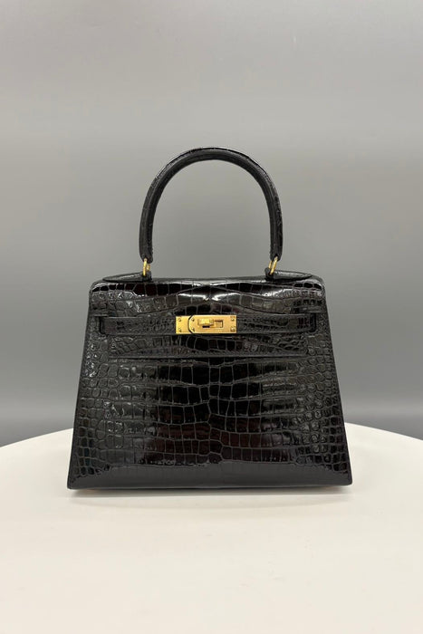 Hermes Kelly 20 Vintage in Black Shiny Porosus Ghw