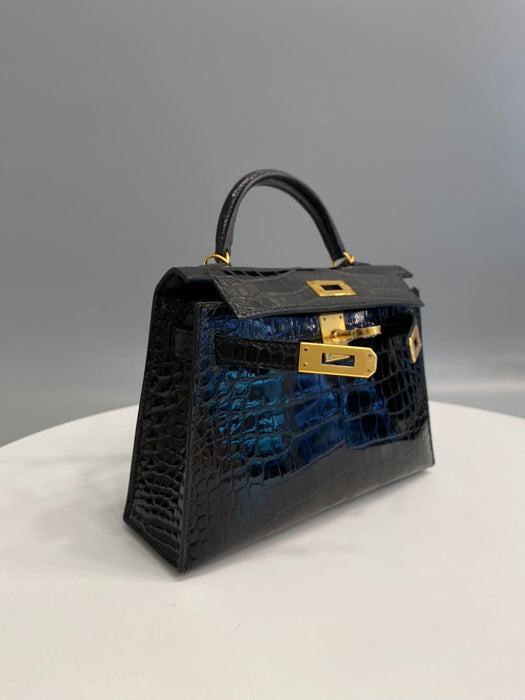 Hermes Kelly 20 in Black Shiny Alligator Ghw