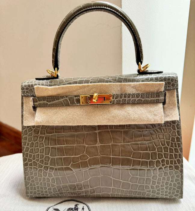 Hermes Kelly 25 Gris T Shiny Alligator Ghw (Brand New)