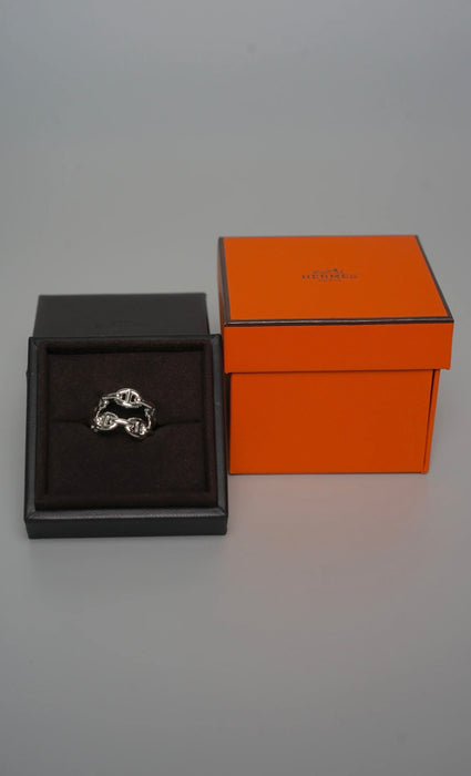 Hermes Chaine d'Ancre Enchainee Ring, Double Row in Silver Size 52 (Brand New)