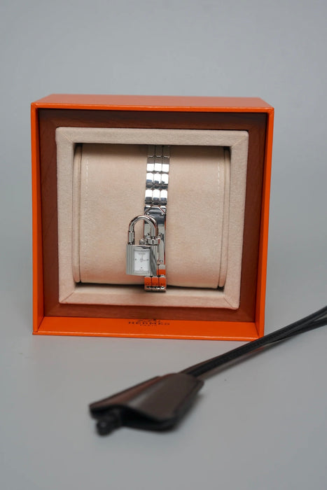 Hermes Kelly XS Acier-Laque Paillete BL Bracelet Acier Box in Silver Noir (Brand New)