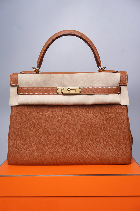 Hermes Kelly 32 in Gold Togo Ghw Fourbi 25 (Brand New)– orange