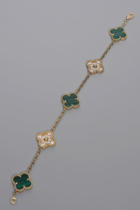 VCA Vintage Alhambra 5 Motif Bracelet in Yellow Gold Diamonds, Malachite