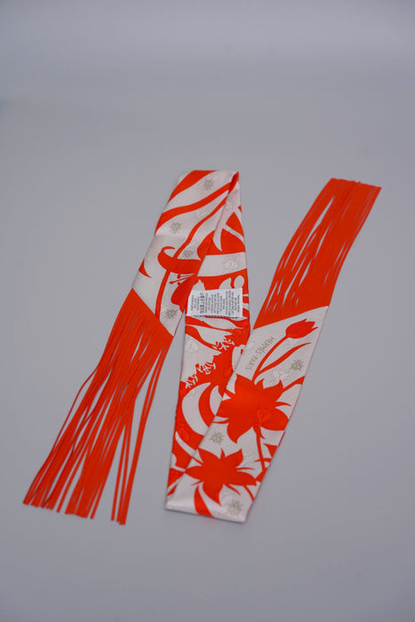 Hermes Bouquet Final Leather Fringe Twilly in Gris Perle / Vermillon (Brand New)