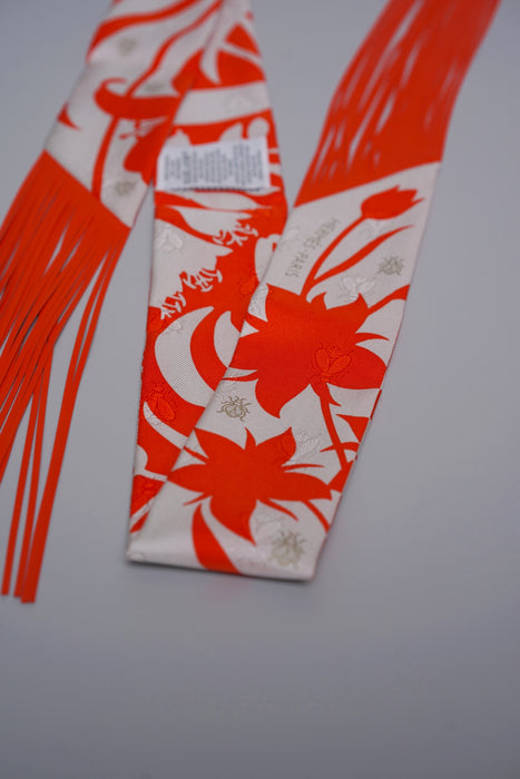 Hermes Bouquet Final Leather Fringe Twilly in Gris Perle / Vermillon (Brand New)