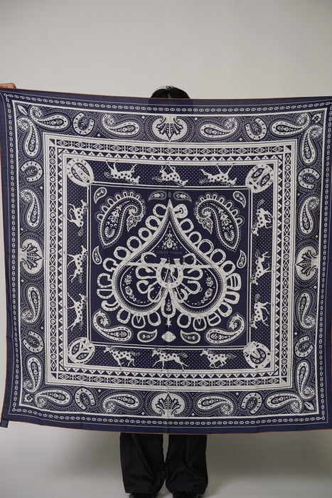 ⁠Hermes Cheval de Coeur Bandana shawl 140 in Bleu Marine / Blanc / Noisette (Brand New)