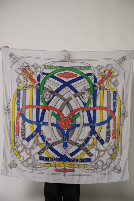 ⁠Hermes Cavalcadour Shawl 140 in Grey Multi (Brand New)