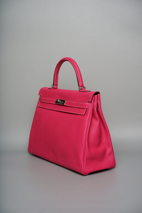 Hermes Kelly 35 Retourne in Rose Tyrien Epsom/Rubis Chevre Mysore Phw (Brand New)