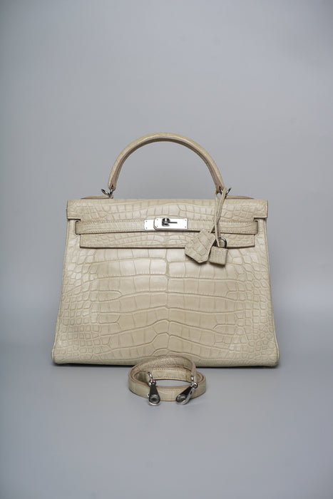 Hermes Kelly 32 in Matte Alligator in Beton Phw