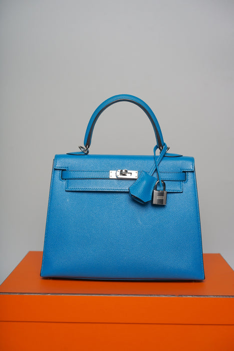 Hermes Kelly 25 in Blue Zanzibar Chevre Chamkila Phw