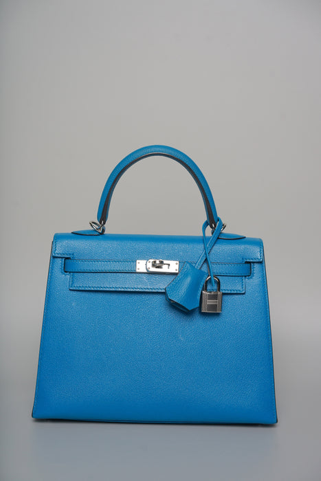 Hermes Kelly 25 in Blue Zanzibar Chevre Chamkila Phw