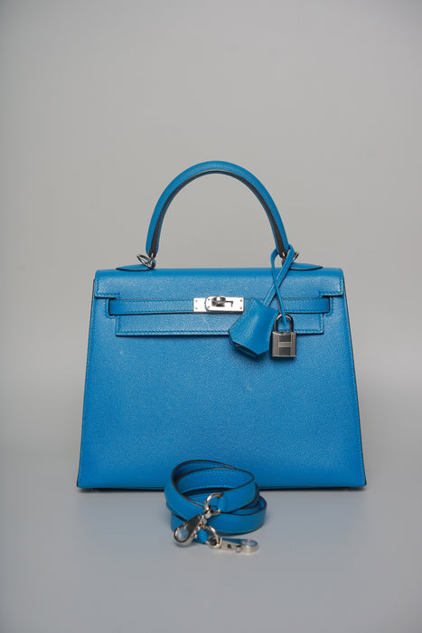 Hermes Kelly 25 in Blue Zanzibar Chevre Chamkila Phw