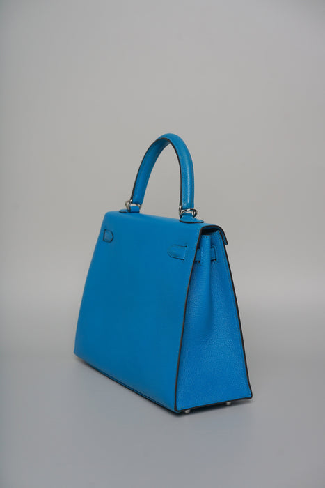 Hermes Kelly 25 in Blue Zanzibar Chevre Chamkila Phw