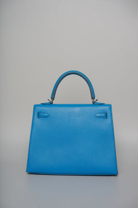 Hermes Kelly 25 in Blue Zanzibar Chevre Chamkila Phw