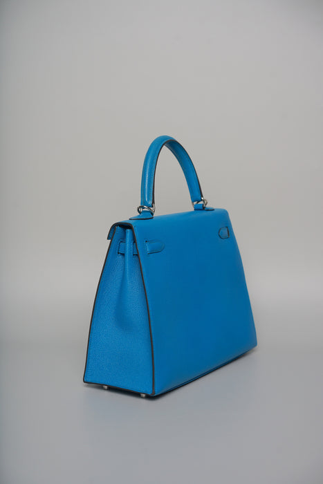Hermes Kelly 25 in Blue Zanzibar Chevre Chamkila Phw