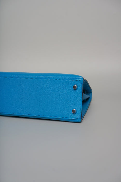 Hermes Kelly 25 in Blue Zanzibar Chevre Chamkila Phw