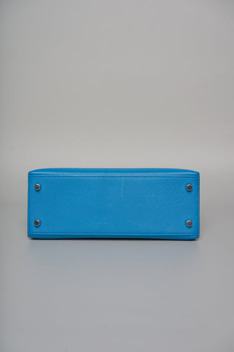 Hermes Kelly 25 in Blue Zanzibar Chevre Chamkila Phw
