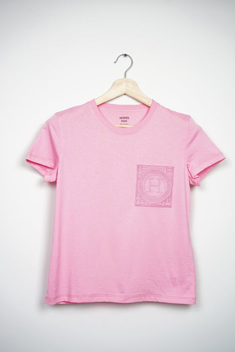 Hermes Embroidered Pocket T-Shirt in Pink Size 36 (Brand New)