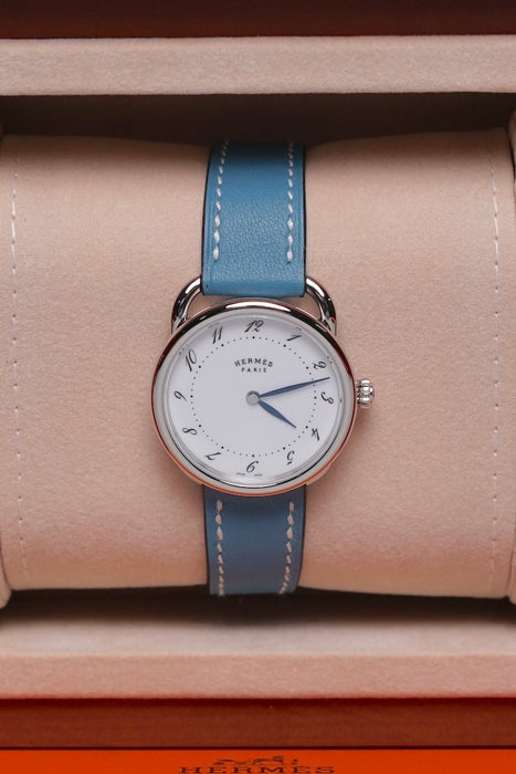 Hermes Arceau Watch, Medium Model, 30mm in Bleu Jean Swift Calfskin Phw (Brand New)