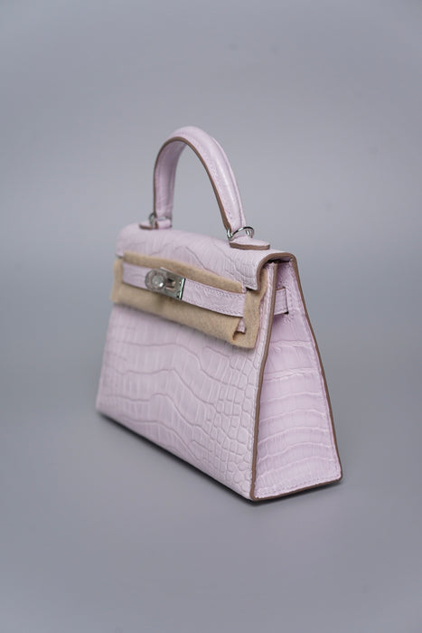 Hermes Kelly 20 Sellier Boreal Satin Alligator in Mauve Pale Phw (Brand New)