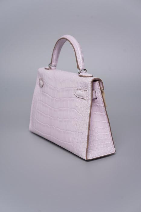 Hermes Kelly 20 Sellier Boreal Satin Alligator in Mauve Pale Phw (Brand New)
