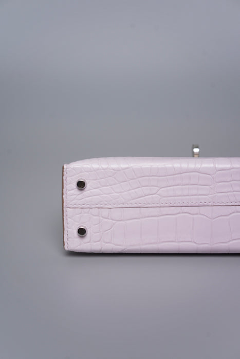 Hermes Kelly 20 Sellier Boreal Satin Alligator in Mauve Pale Phw (Brand New)