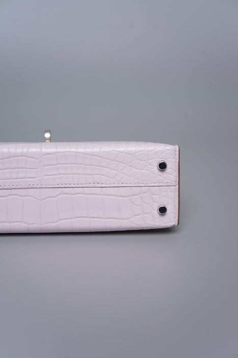 Hermes Kelly 20 Sellier Boreal Satin Alligator in Mauve Pale Phw (Brand New)