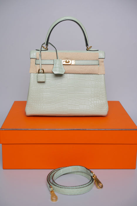 Hermes Kelly 25 in Vert D'Eau Matte Alligator Ghw (Brand New)