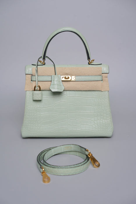 Hermes Kelly 25 in Vert D'Eau Matte Alligator Ghw (Brand New)