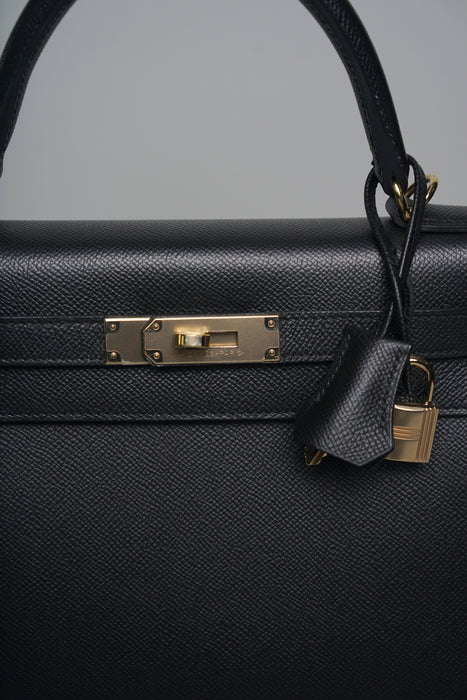 Hermes Kelly II Sellier 28 in Noir Epsom Permabrass (Brand New)