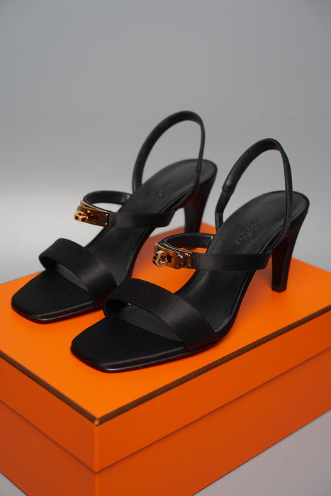 Hermes Glamour 75 Sandal in Black Satin Crepe Rghw Size 37 (Brand New)