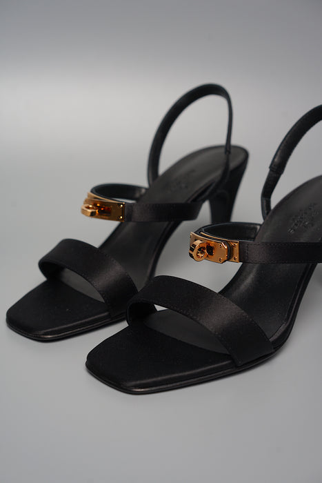 Hermes Glamour 75 Sandal in Black Satin Crepe Rghw Size 37 (Brand New)