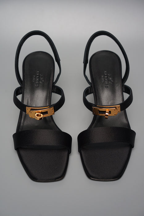 Hermes Glamour 75 Sandal in Black Satin Crepe Rghw Size 37 (Brand New)