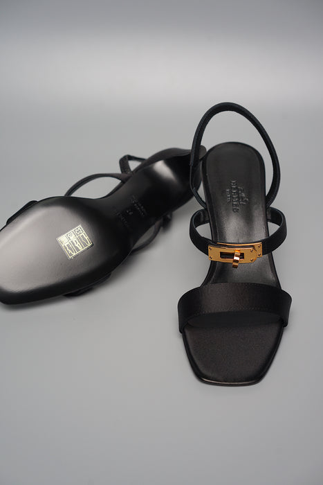 Hermes Glamour 75 Sandal in Black Satin Crepe Rghw Size 37 (Brand New)