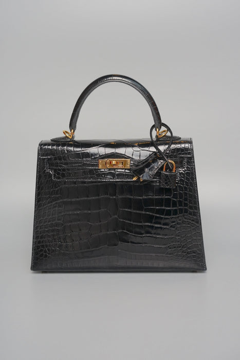 Hermes Kelly 25 in Black Shiny Alligator Ghw