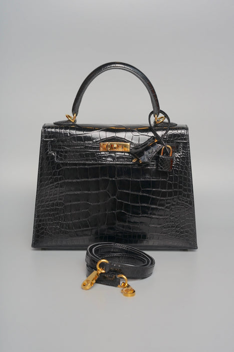 Hermes Kelly 25 in Black Shiny Alligator Ghw